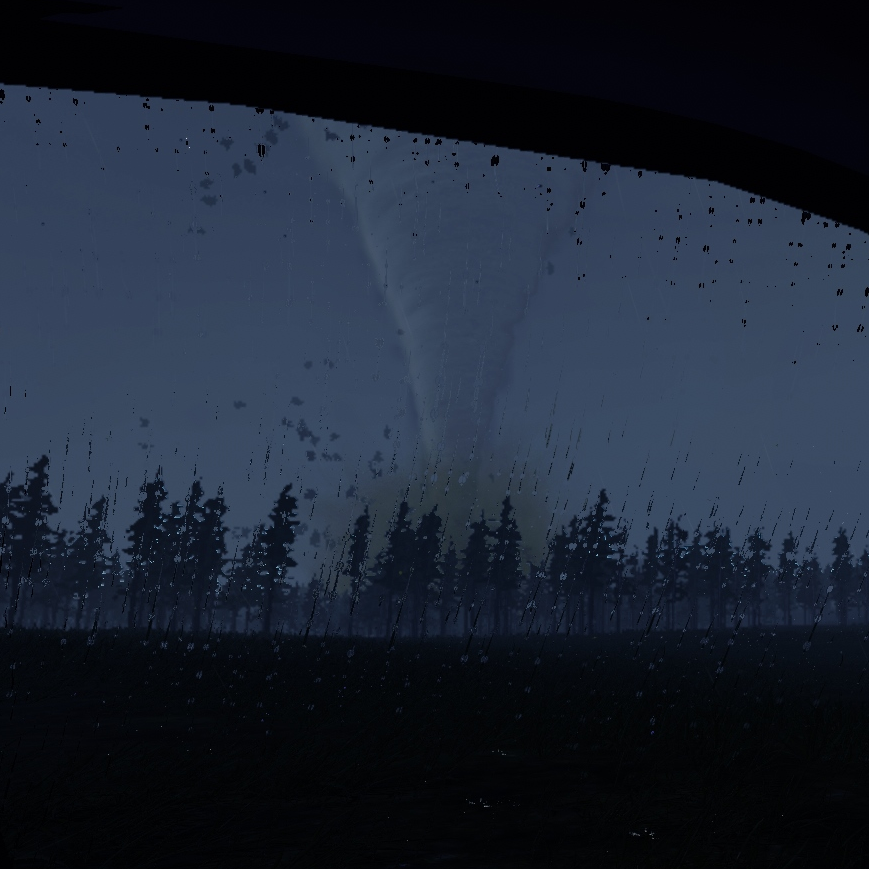 Heading off a violent tornado! While not massive in size, the trees and other debris surrounding this tornado lets us know of its destructive nature. 

Outbrk is an early access game that's only recently come out where you have to follow wind maps and radar patterns to detect, follow, and report tornados. It's still got a lot of development to go, but I'm very much enjoying what's there! 