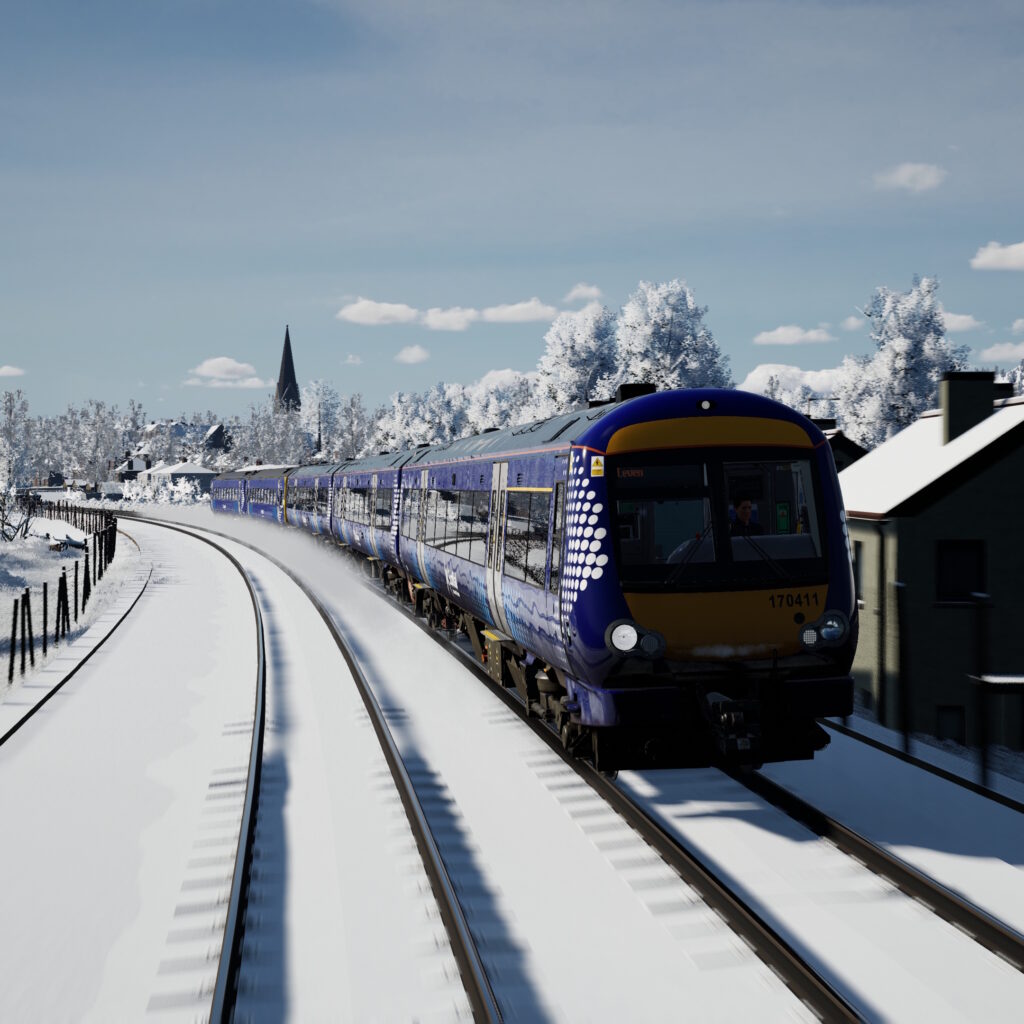 A Scotrail Class 170 passes through a Fife town on its way towards Leven.