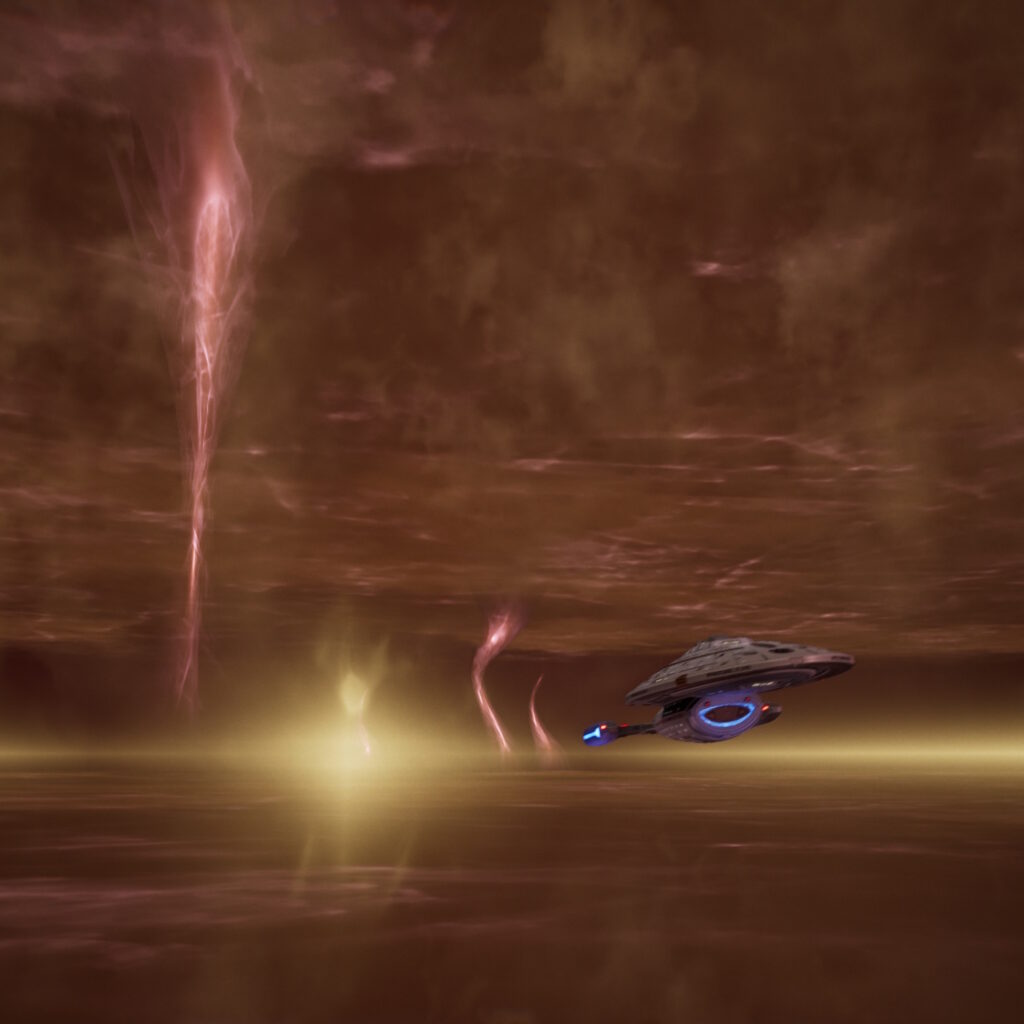 Reversing course, the Voyager tries in vain to outrun the energy wave.....