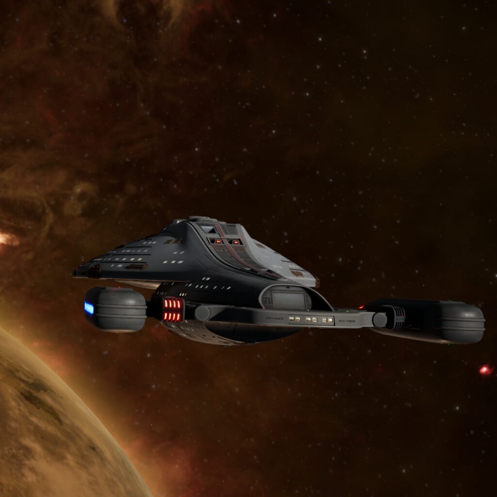 Voyager's aft as she makes for a nearby planet under impulse power.